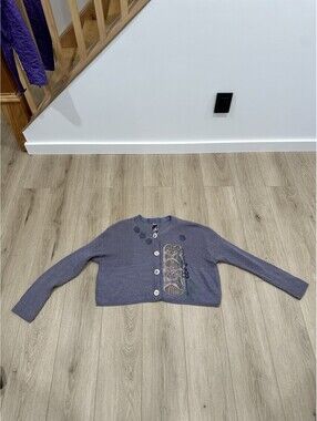 Vintage Blue Fish Cotton Rayon Button Up Cardigan Hand-Printed Purple